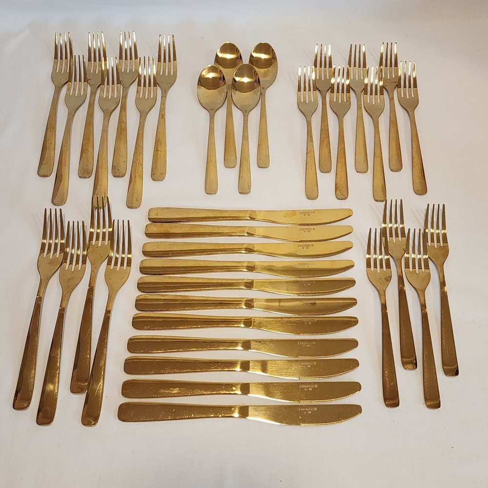 Cambridge Silversmiths Gold Tone Flatware Set V-20 Stainless 37 Piece Collection
